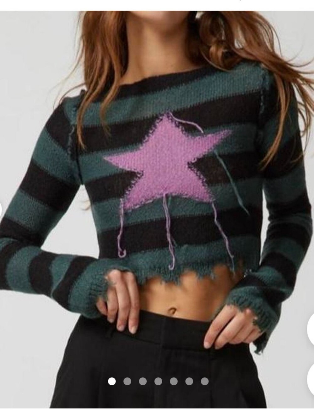 Social Collision Hot Topic Green Navy Striped Star Distressed Grunge Sweater S